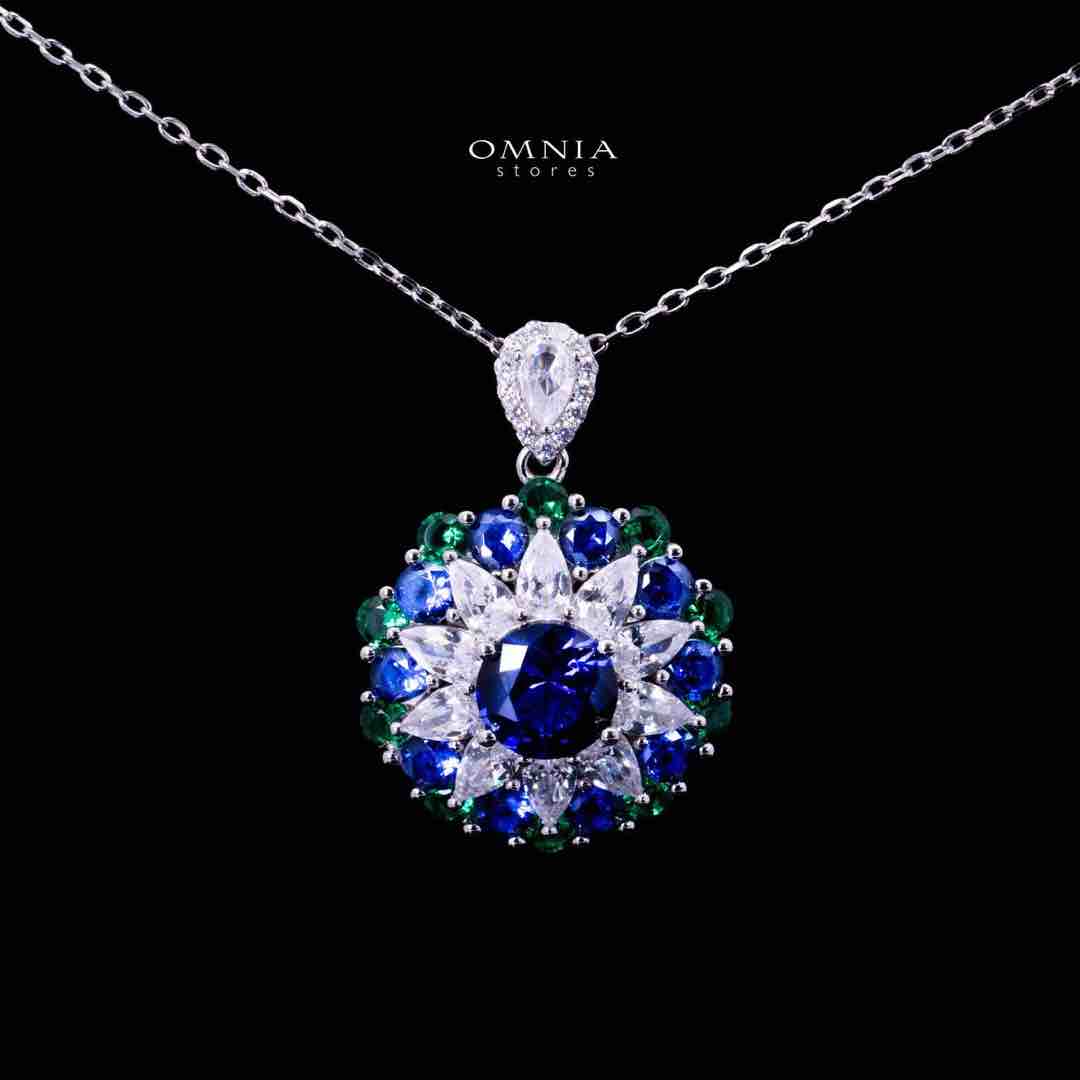 Omnia Aizah Royal Blue & Emerald Green Silver Pendant Necklace in 925 Silver with High Quality Simulated Diamonds