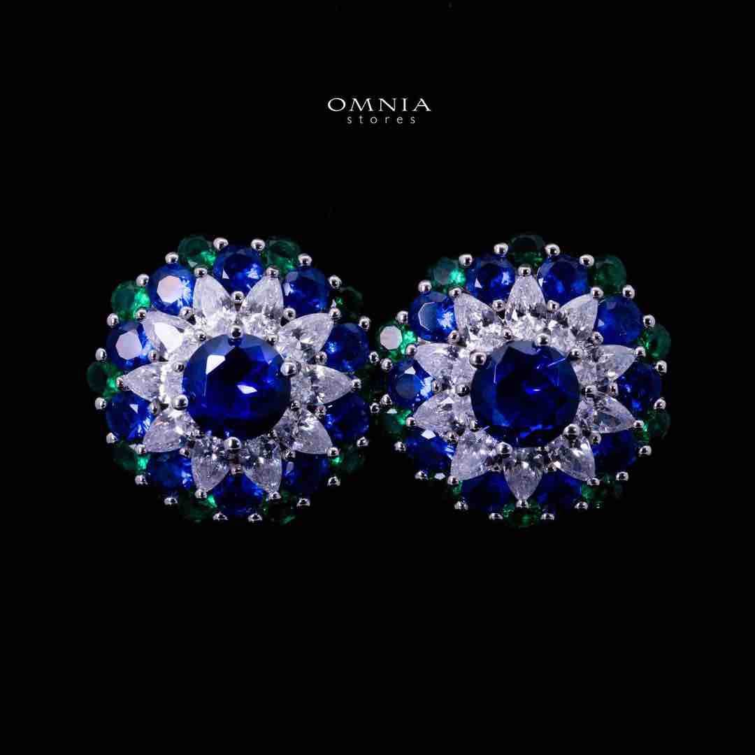 Omnia Aizah Royal Blue & Emerald Green Silver Stud Earrings in 925 Silver with High Quality Simulated Diamonds