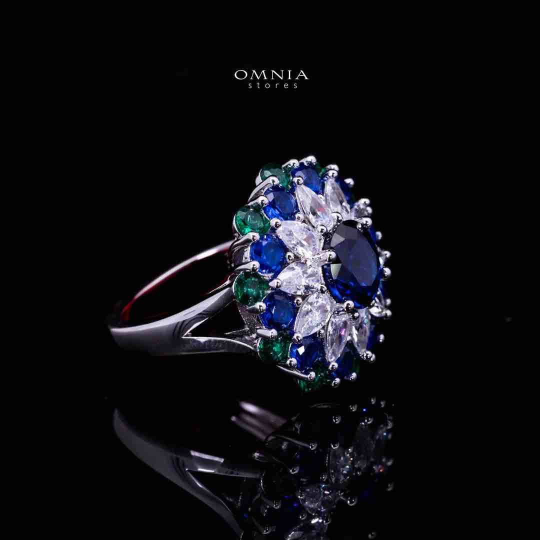 Omnia Aizah Royal Blue & Emerald Green Silver Ring in 925 Silver with High Quality Simulated Diamonds