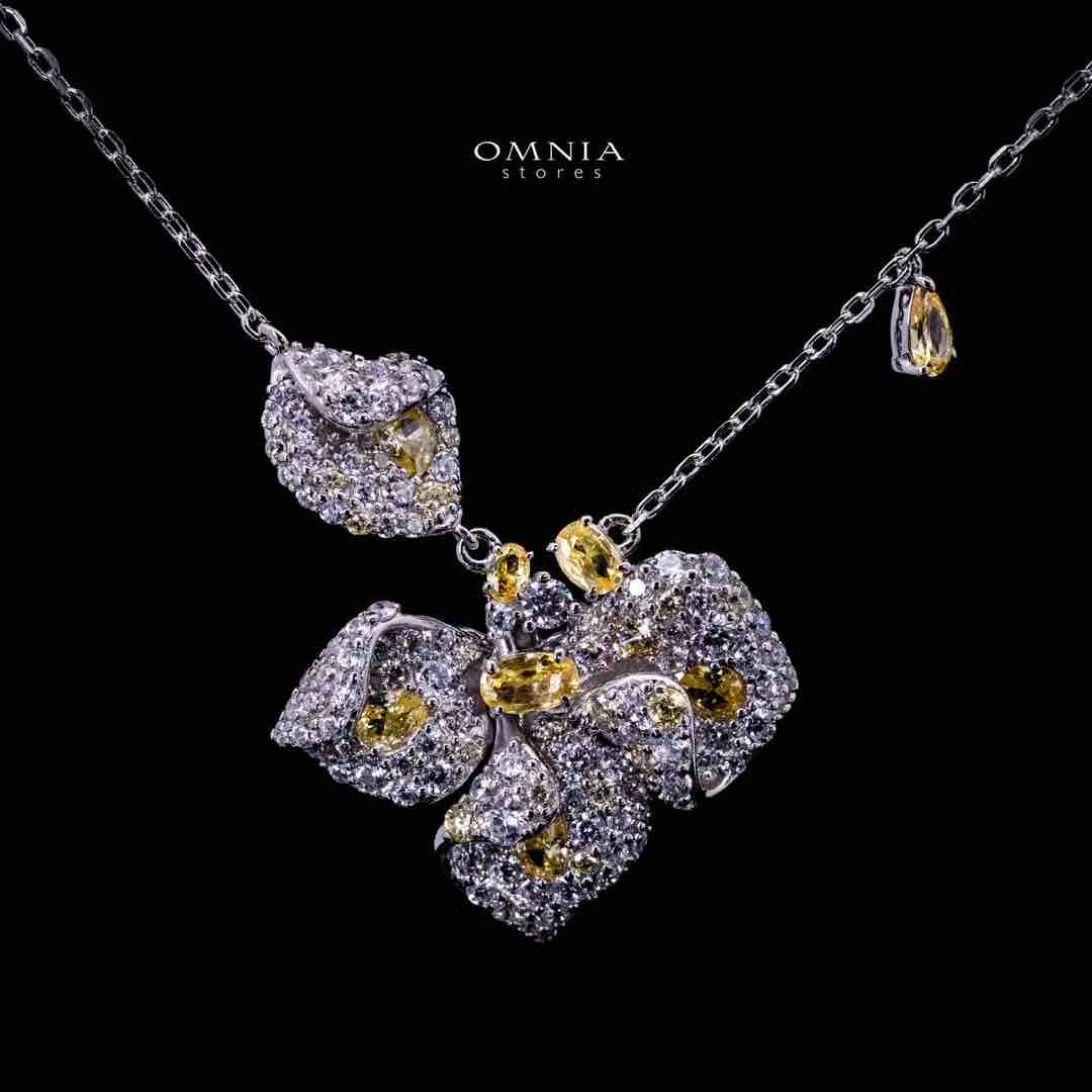 Omnia Ilyana Yellow & White Leaf Silver Pendant Necklace in 925 Silver with High Quality Simulated Diamonds