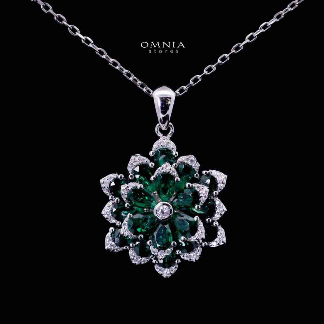 Omnia Damiyah Emerald Green Floral Silver Pendant Necklace in 925 Silver with High Quality Simulated Diamonds