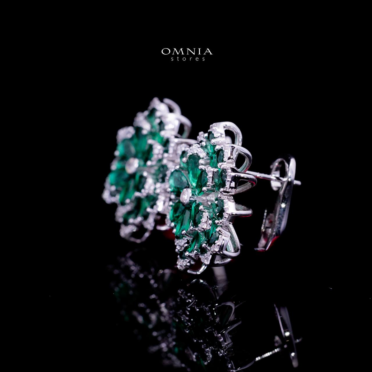Omnia Damiyah Emerald Green Floral Silver Clip Earrings in 925 Silver with High Quality Simulated Diamonds