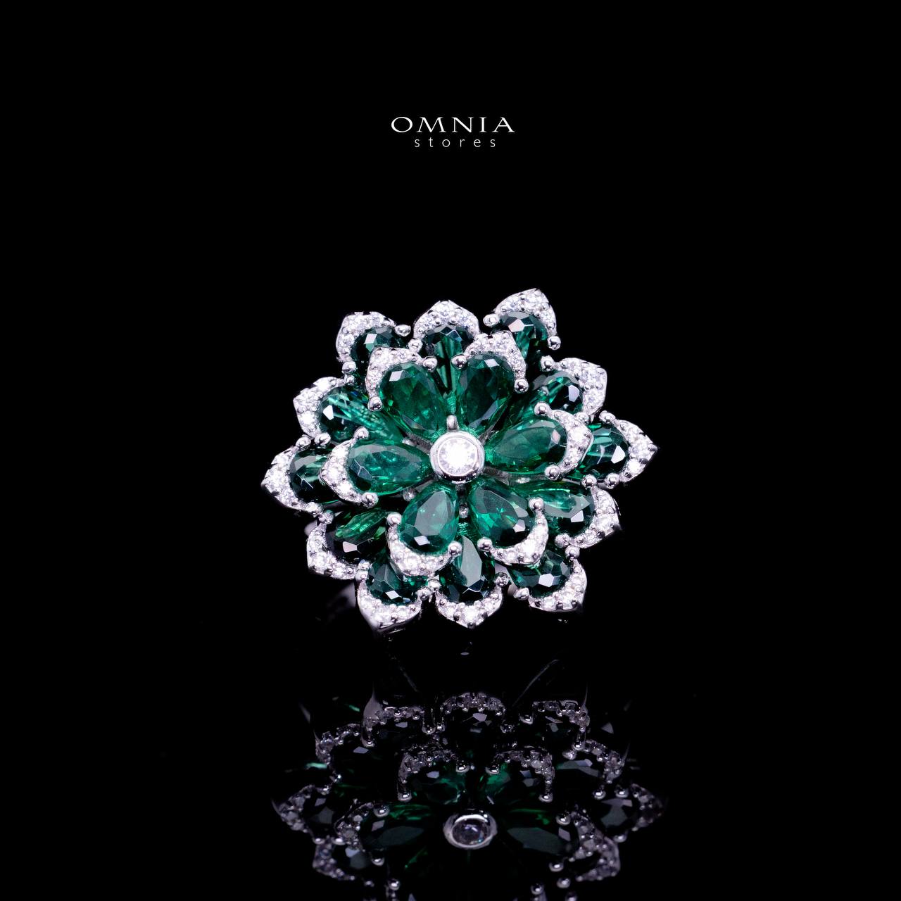 Omnia Damiyah Emerald Green Floral Silver Ring in 925 Silver with High Quality Simulated Diamonds