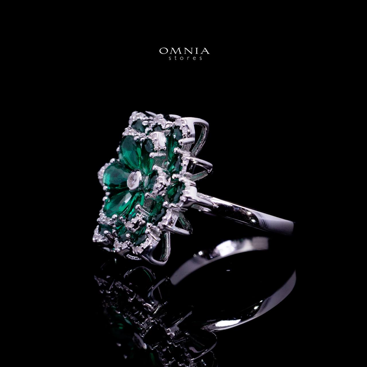 Omnia Damiyah Emerald Green Floral Silver Ring in 925 Silver with High Quality Simulated Diamonds