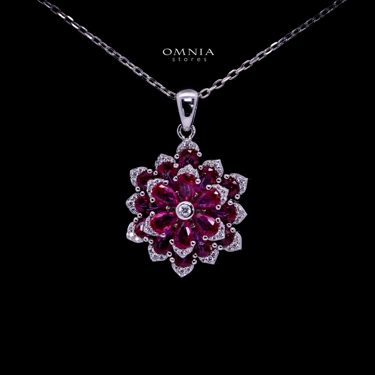 Omnia Damiyah Red Floral Silver Pendant Necklace in 925 Silver with High Quality Simulated Diamonds