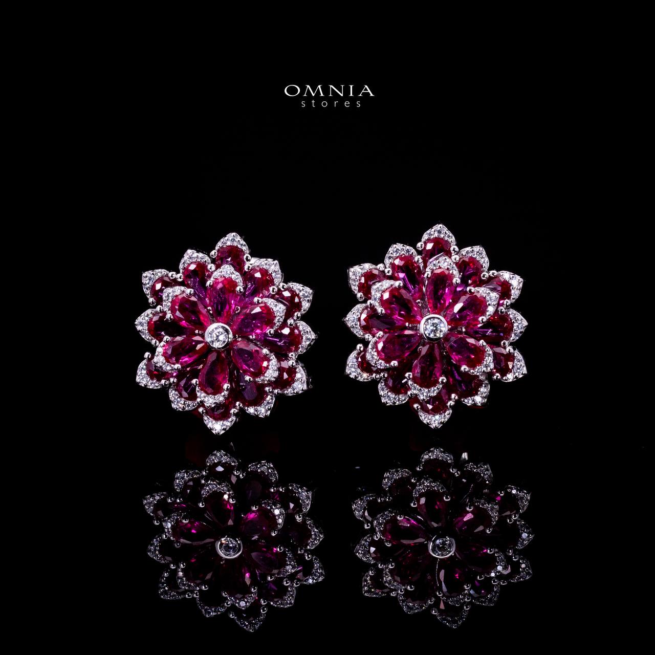 Omnia Damiyah Red Floral Silver Clip Earrings in 925 Silver with High Quality Simulated Diamonds