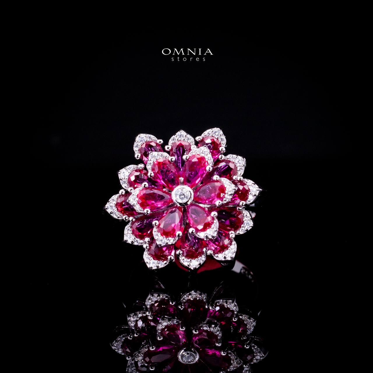 Omnia Damiyah Red Floral Silver Ring in 925 Silver with High Quality Simulated Diamonds