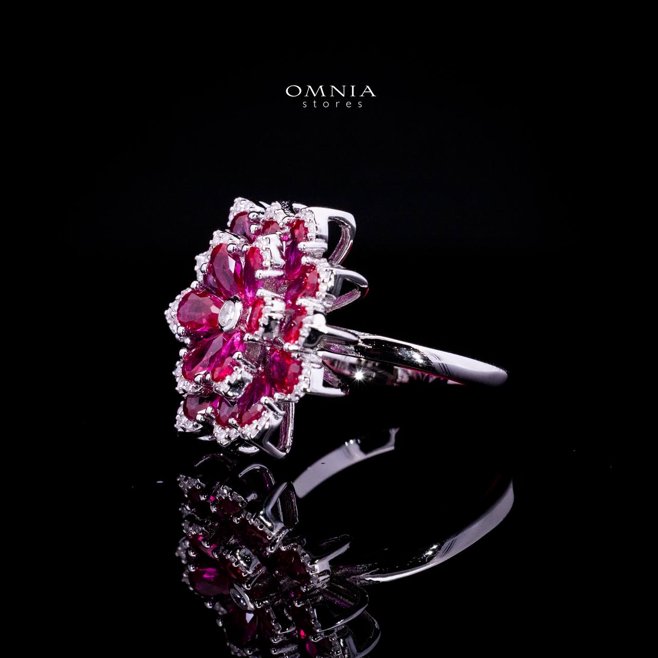 Omnia Damiyah Red Floral Silver Ring in 925 Silver with High Quality Simulated Diamonds