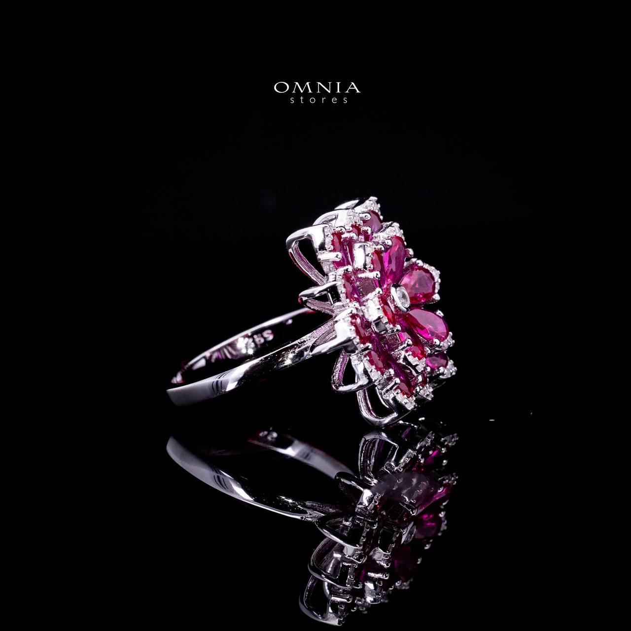 Omnia Damiyah Red Floral Silver Ring in 925 Silver with High Quality Simulated Diamonds
