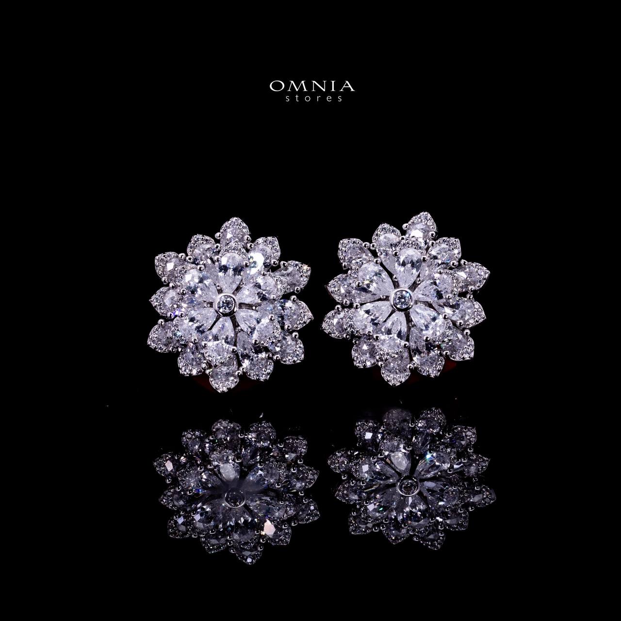 Omnia Damiyah White Floral Silver Clip Earrings in 925 Silver with High Quality Simulated Diamonds