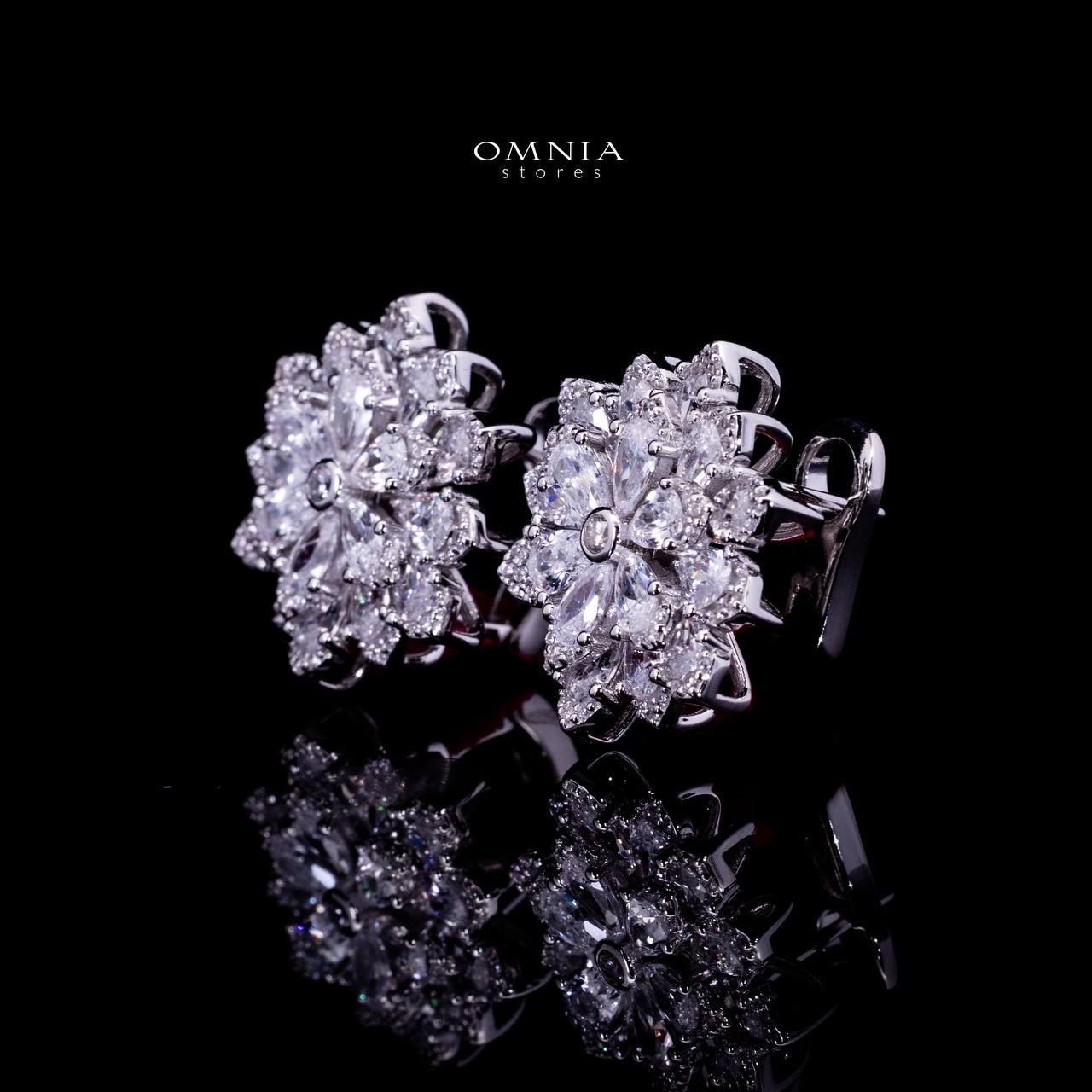 Omnia Damiyah White Floral Silver Clip Earrings in 925 Silver with High Quality Simulated Diamonds