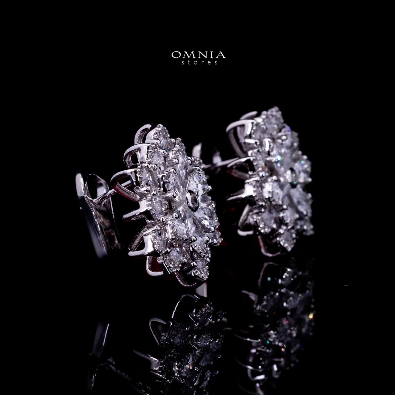 Omnia Damiyah White Floral Silver Clip Earrings in 925 Silver with High Quality Simulated Diamonds