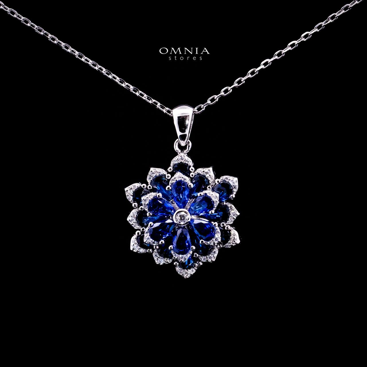 Omnia Damiyah Royal Blue Floral Silver Pendant Necklace in 925 Silver with High Quality Simulated Diamonds