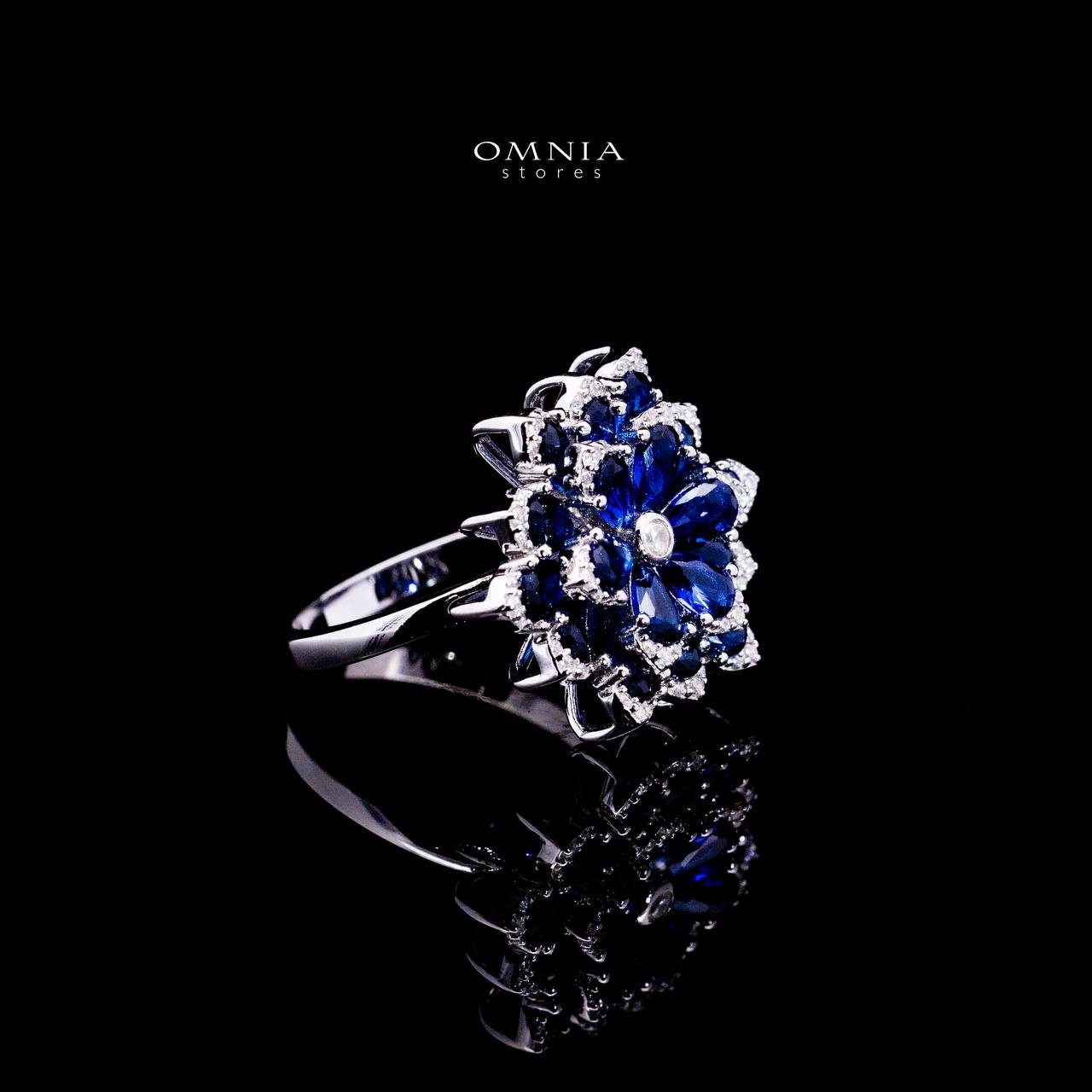 Omnia Damiyah Royal Blue Floral Silver Ring in 925 Silver with High Quality Simulated Diamonds