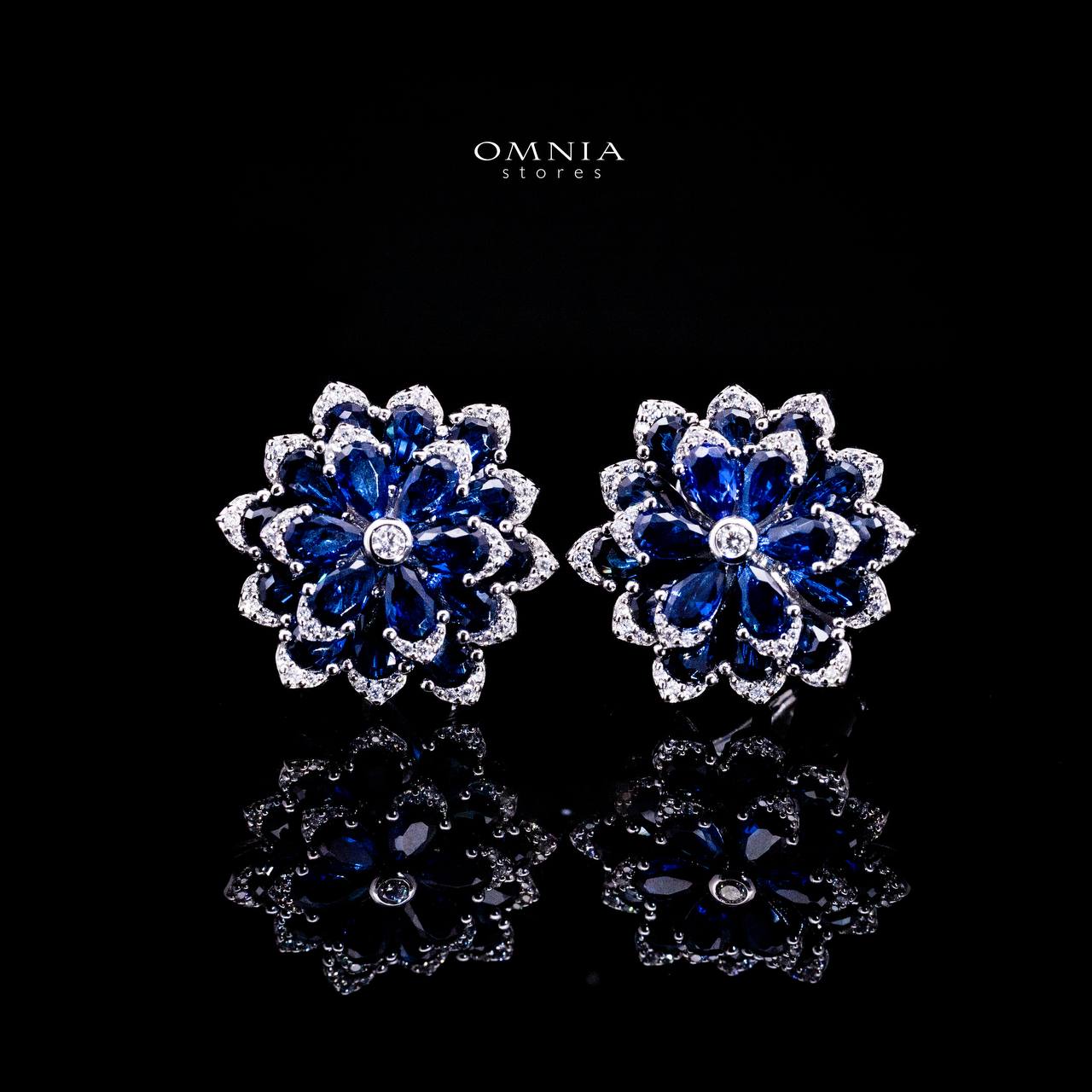 Omnia Damiyah Royal Blue Floral Silver Clip Earrings in 925 Silver with High Quality Simulated Diamonds