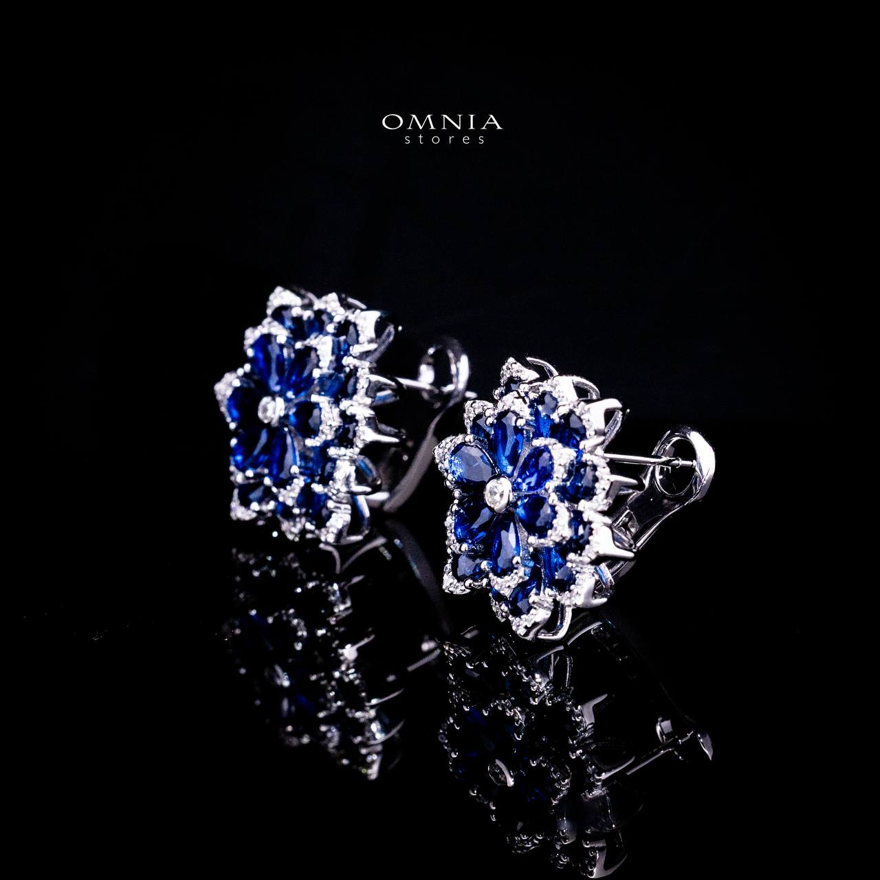 Omnia Damiyah Royal Blue Floral Silver Clip Earrings in 925 Silver with High Quality Simulated Diamonds