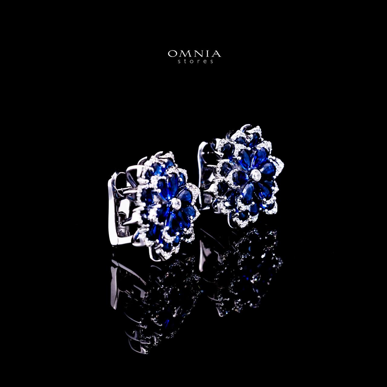 Omnia Damiyah Royal Blue Floral Silver Clip Earrings in 925 Silver with High Quality Simulated Diamonds