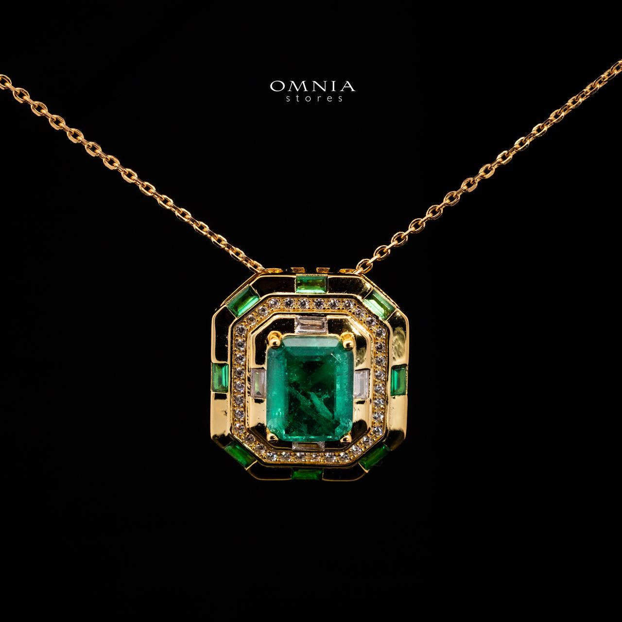Omnia Zyra Emerald Green Golden Pendant Necklace in 925 Silver with High Quality Simulated Diamonds
