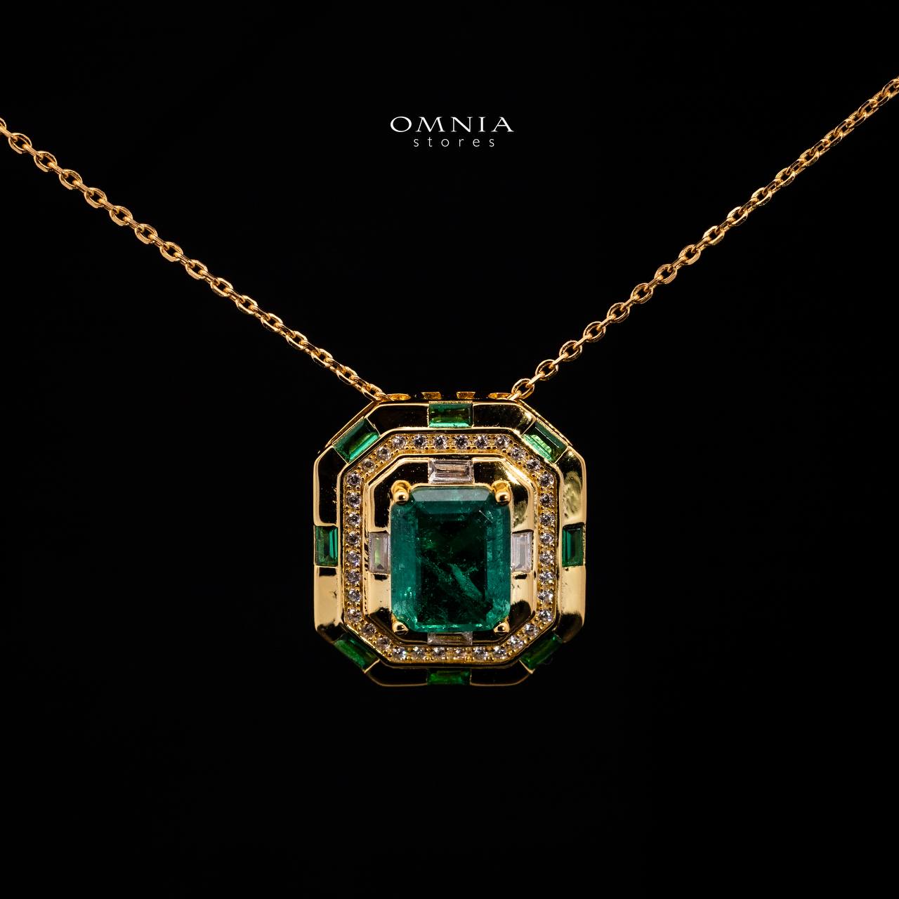 Omnia Zyra Emerald Green Golden Pendant Necklace in 925 Silver with High Quality Simulated Diamonds