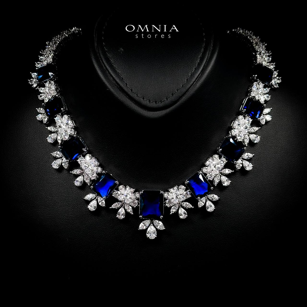 Omnia Charlotte Blue Luxry Bridal Full Set with Emerald and Pear-Cut High-Quality Simulated Diamonds Rhodium Plated