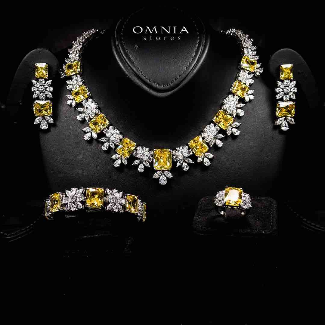 Omnia Charlotte Yellow Luxry Bridal Full Set with Emerald and Pear-Cut High-Quality Simulated Diamonds Rhodium Plated