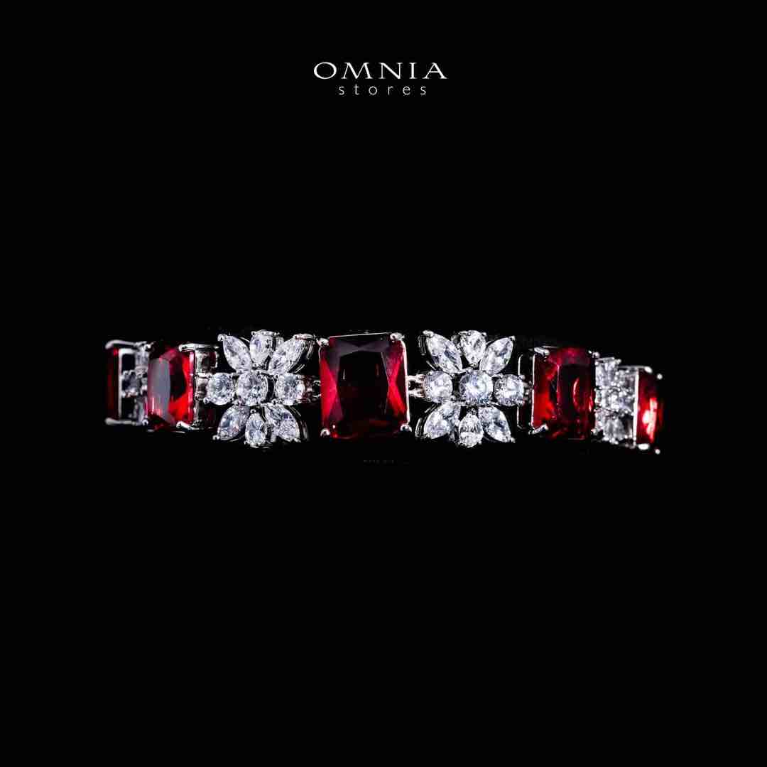 Omnia Charlotte Red Luxry Bridal Full Set with Emerald and Pear-Cut High-Quality Simulated Diamonds Rhodium Plated