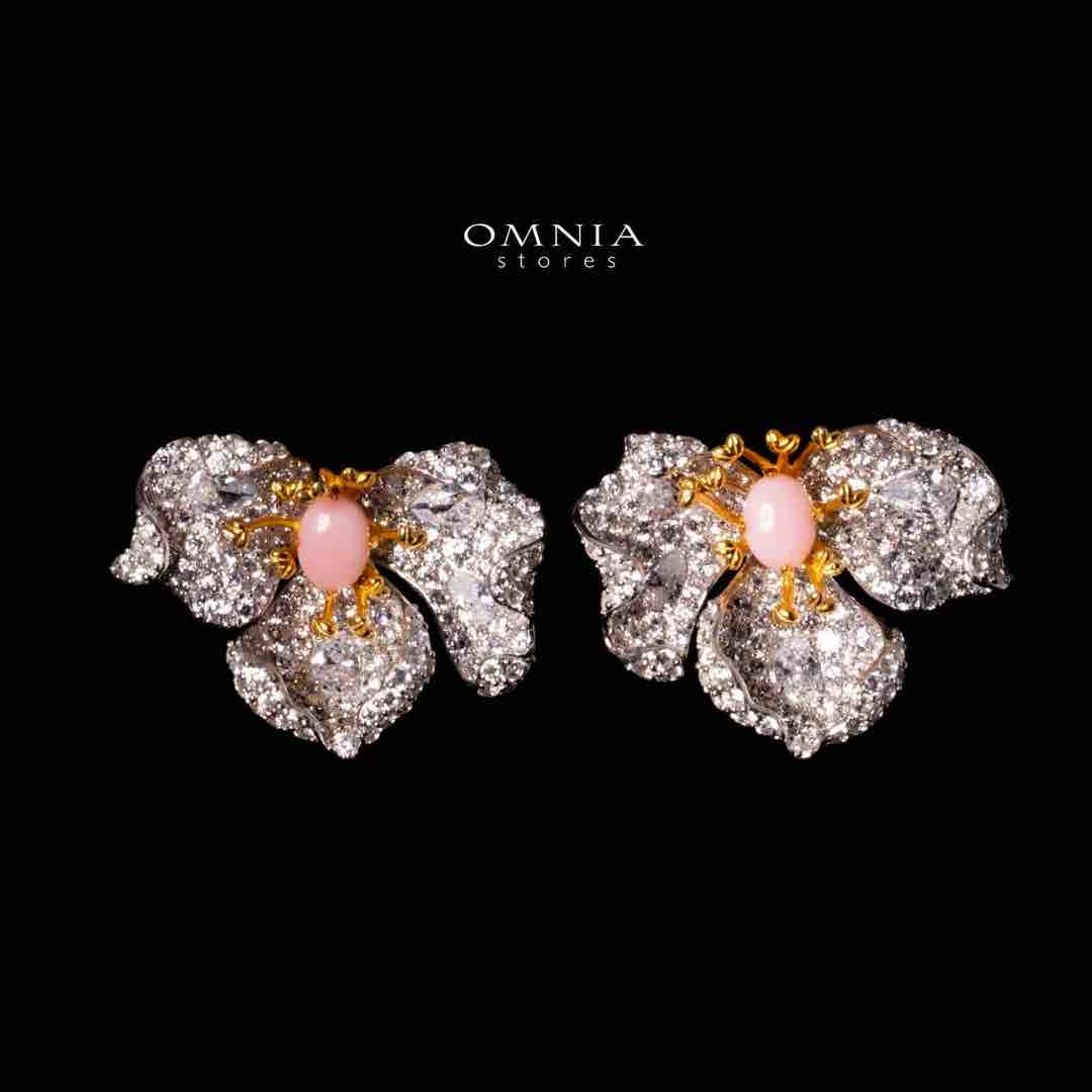 Omnia Fiora Pink Coral Flower Silver Clip Earrings in 925 Silver High Quality White Simulated Diamond Stones
