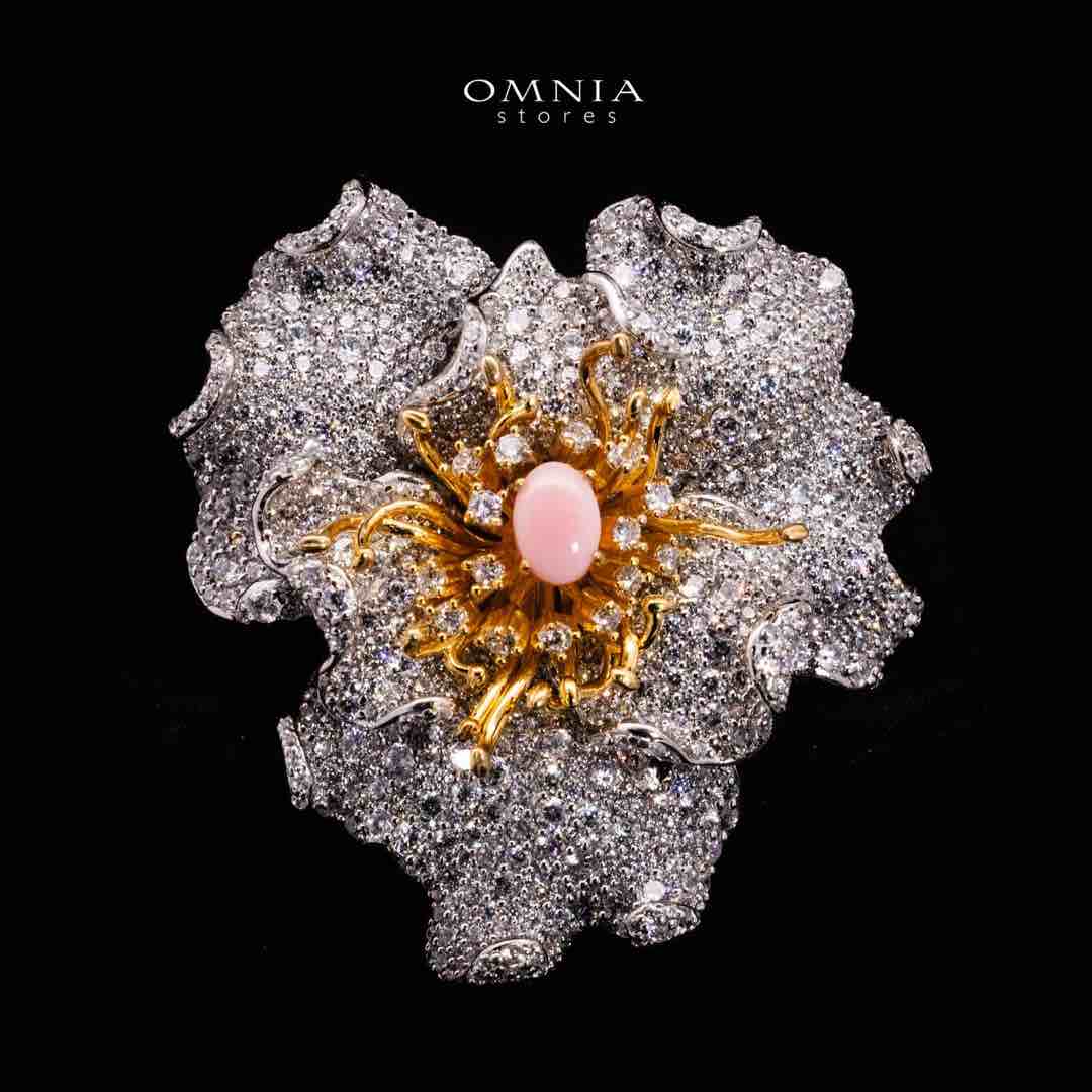 Omnia Fiora Pink Coral Flower Silver Brooch in 925 Silver High Quality White Simulated Diamond Stones