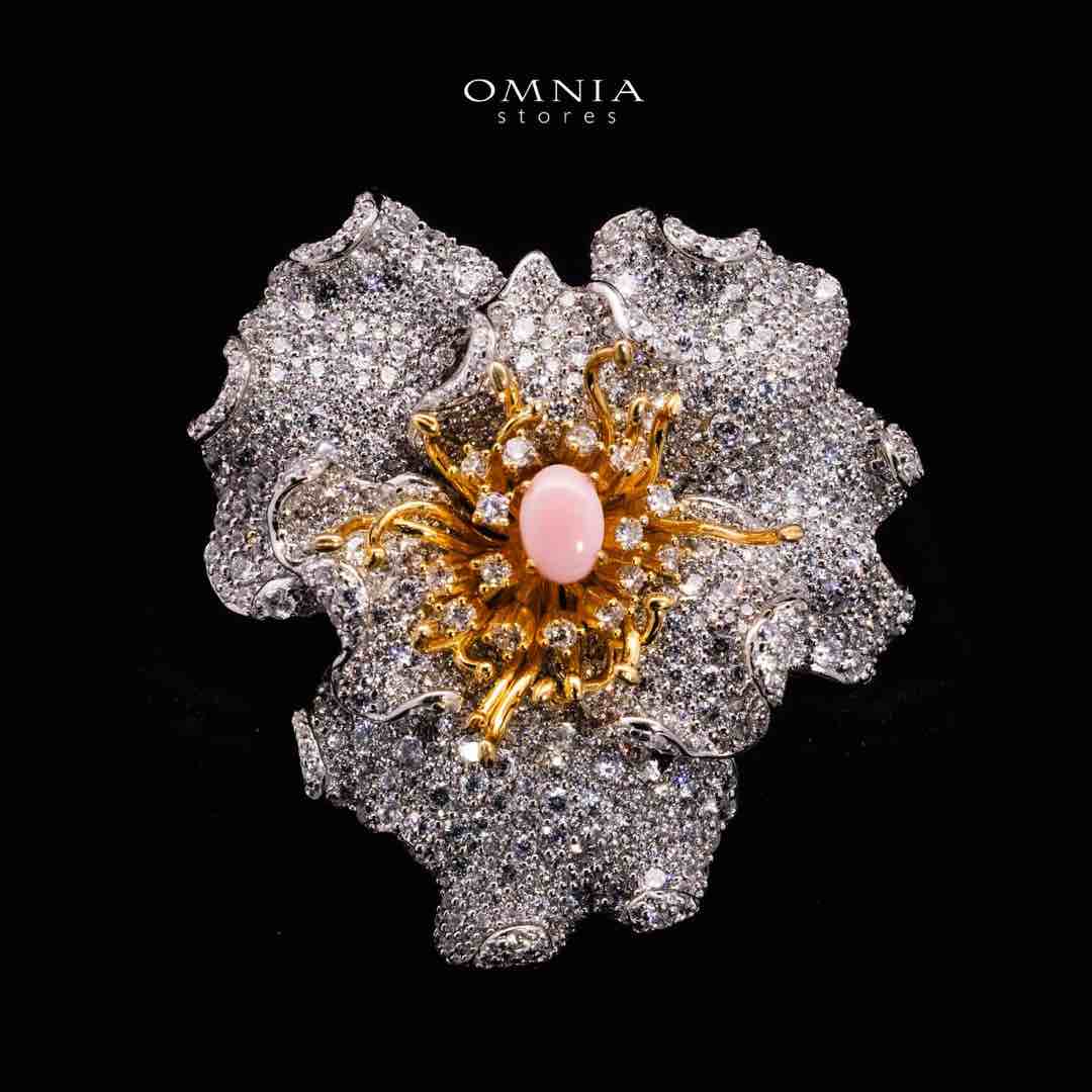 Omnia Fiora Pink Coral Flower Silver Brooch in 925 Silver High Quality White Simulated Diamond Stones