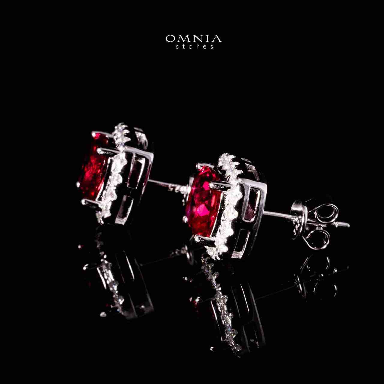 Omnia Dareema Silver Square Stud Earrings 925 Silver in GRC Certifited High Quality Red Ruby Lab Grown Stones
