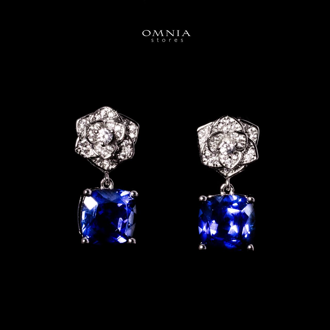 Omnia Khansa Silver Rose Design Drop Earrings in 925 Silver With High Quality GRC Certified Blue Sapphite Lab Grown Stones