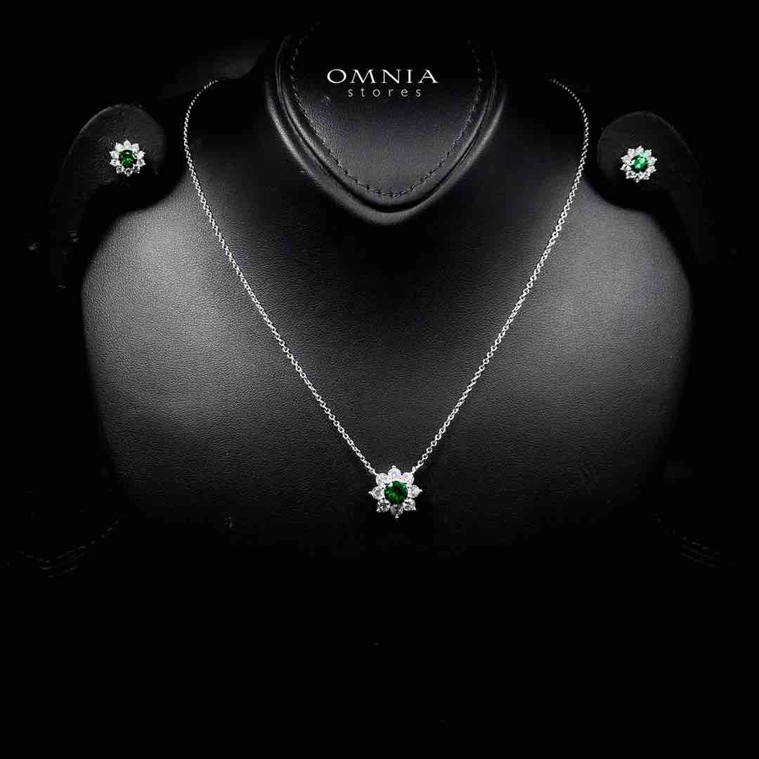 Omnia Naisha Silver Necklace and Earrings Set in 925 Silver With High Quality GRC Certified Emerald Green Lab Grown Stones