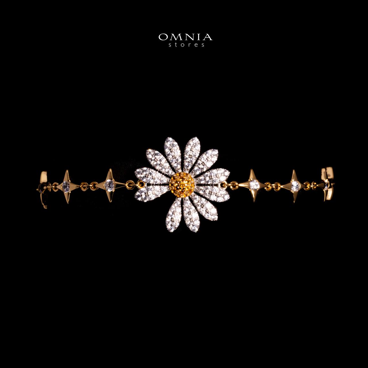 Omnia Mahira Gold Floral Bracelet In 925 Silver With High Quality Lab Crafted Stones