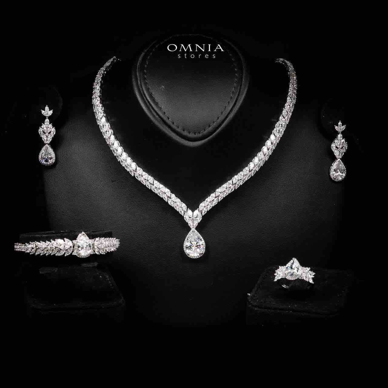 Omnia Aamira Teardrop-Design Bridal Crystal White Full Set with High-Quality Zircon Stones in Rhodium-Plated Finish