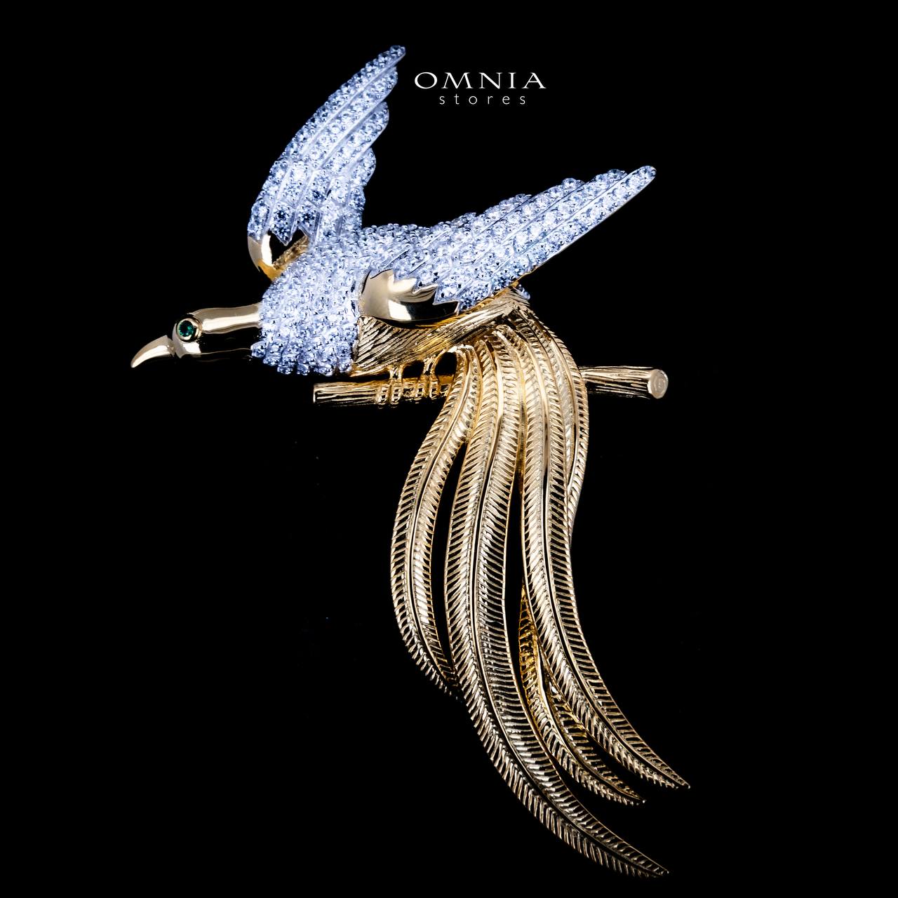 Omnia Aiman Silver and Gold Bird Brooch  in 925 Silver High Quality Simulated Diamond Stones