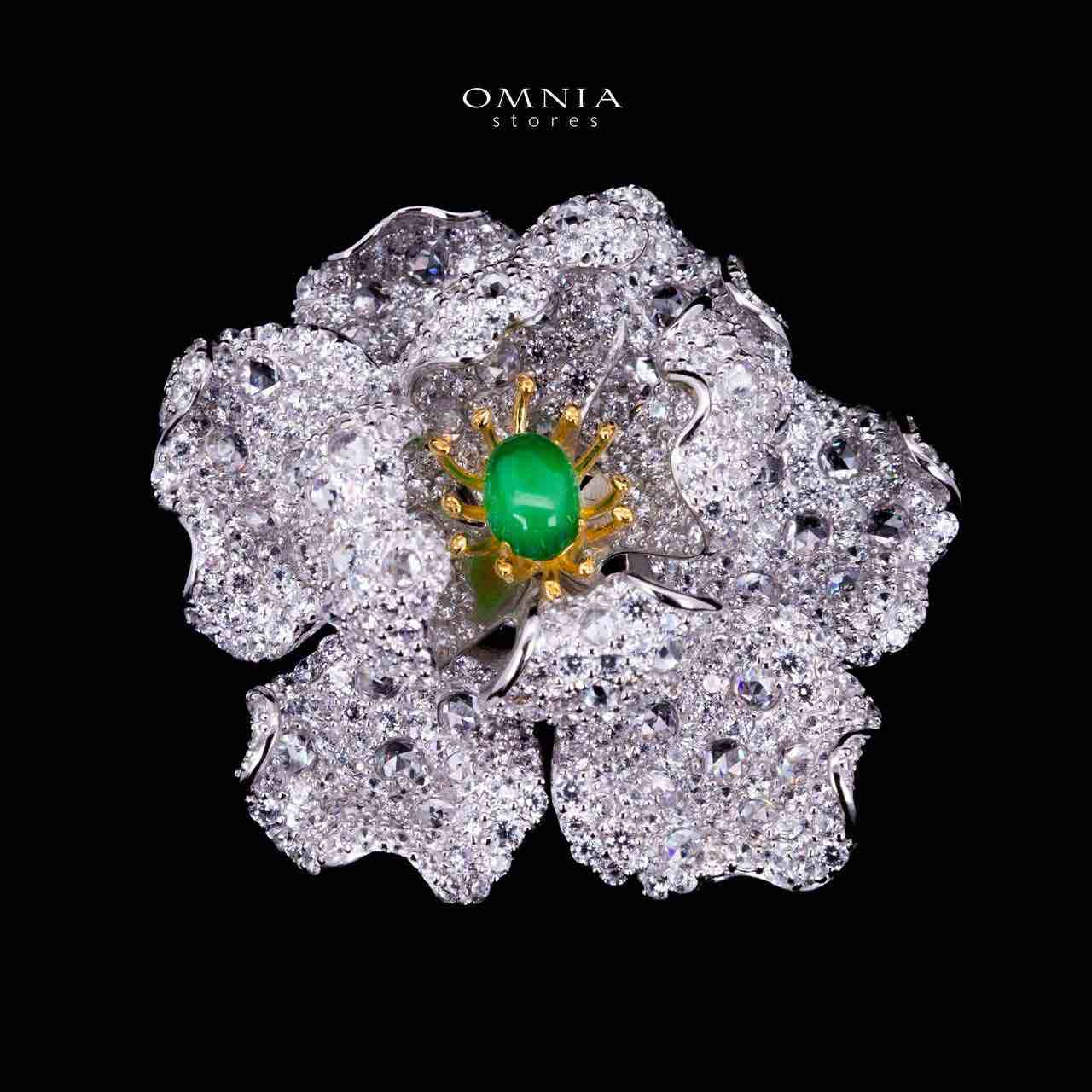 Omnia Riyana Green and Gold Flower Brooch  in 925 Silver High Quality Simulated Diamond Stones