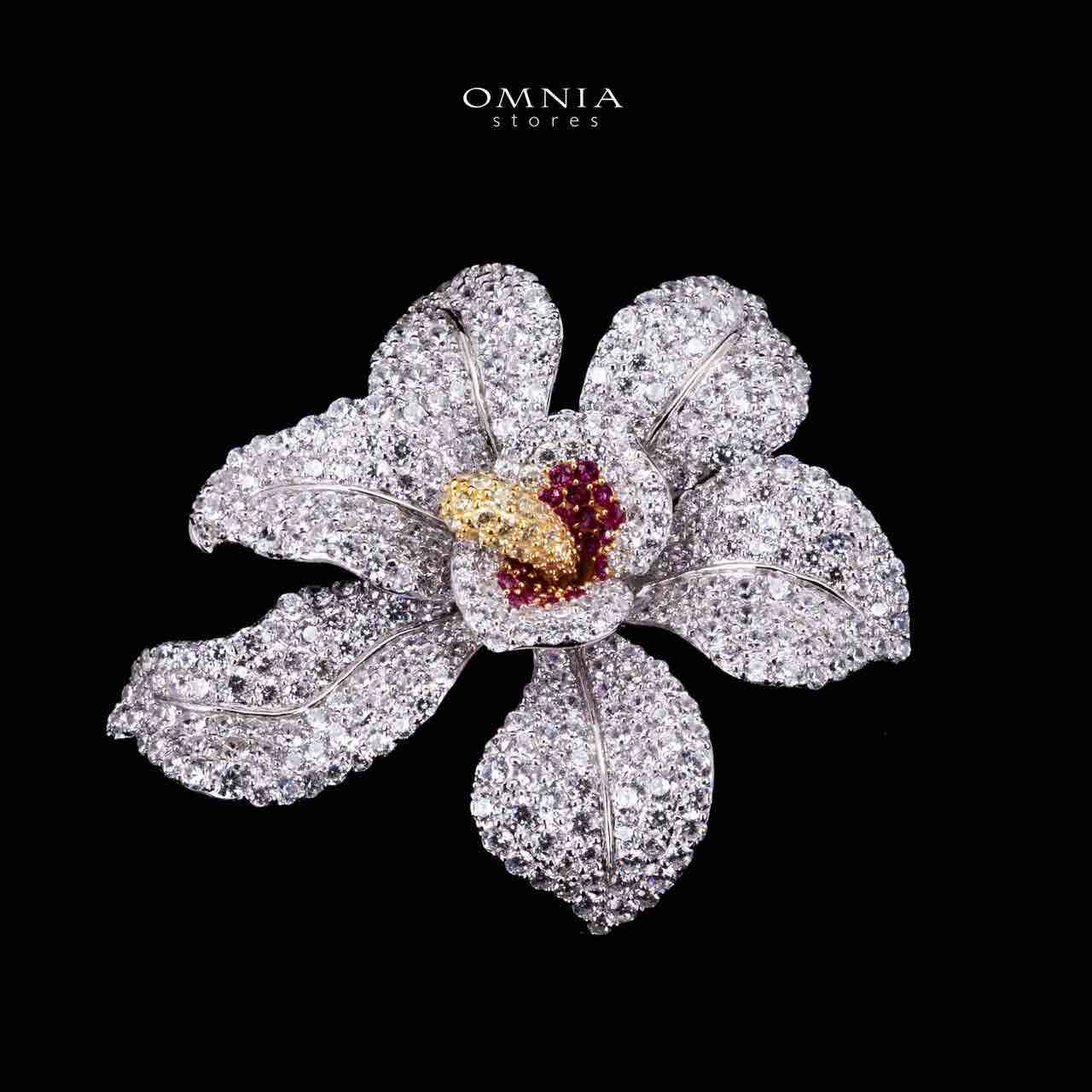 Omnia Fatina Red and Gold Flower Brooch  in 925 Silver High Quality Simulated Diamond Stones