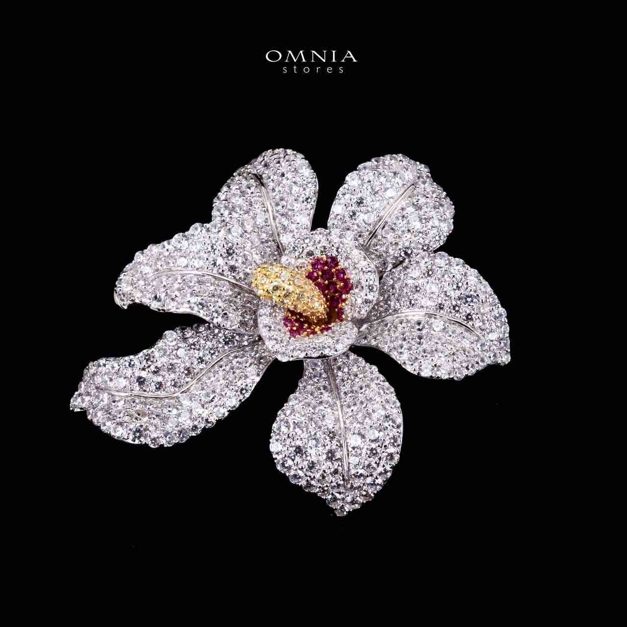 Omnia Fatina Red and Gold Flower Brooch  in 925 Silver High Quality Simulated Diamond Stones