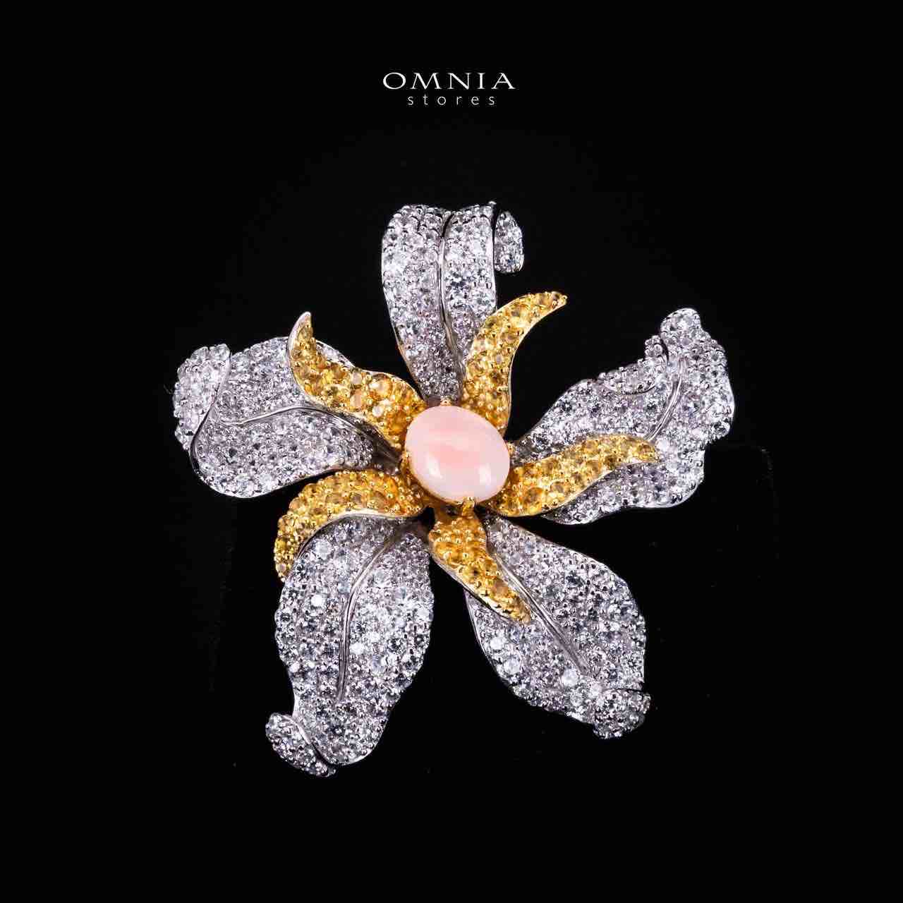 Omnia Afreen Gold Flower Brooch  in 925 Silver High Quality Simulated Diamond Stones With Pink Coral