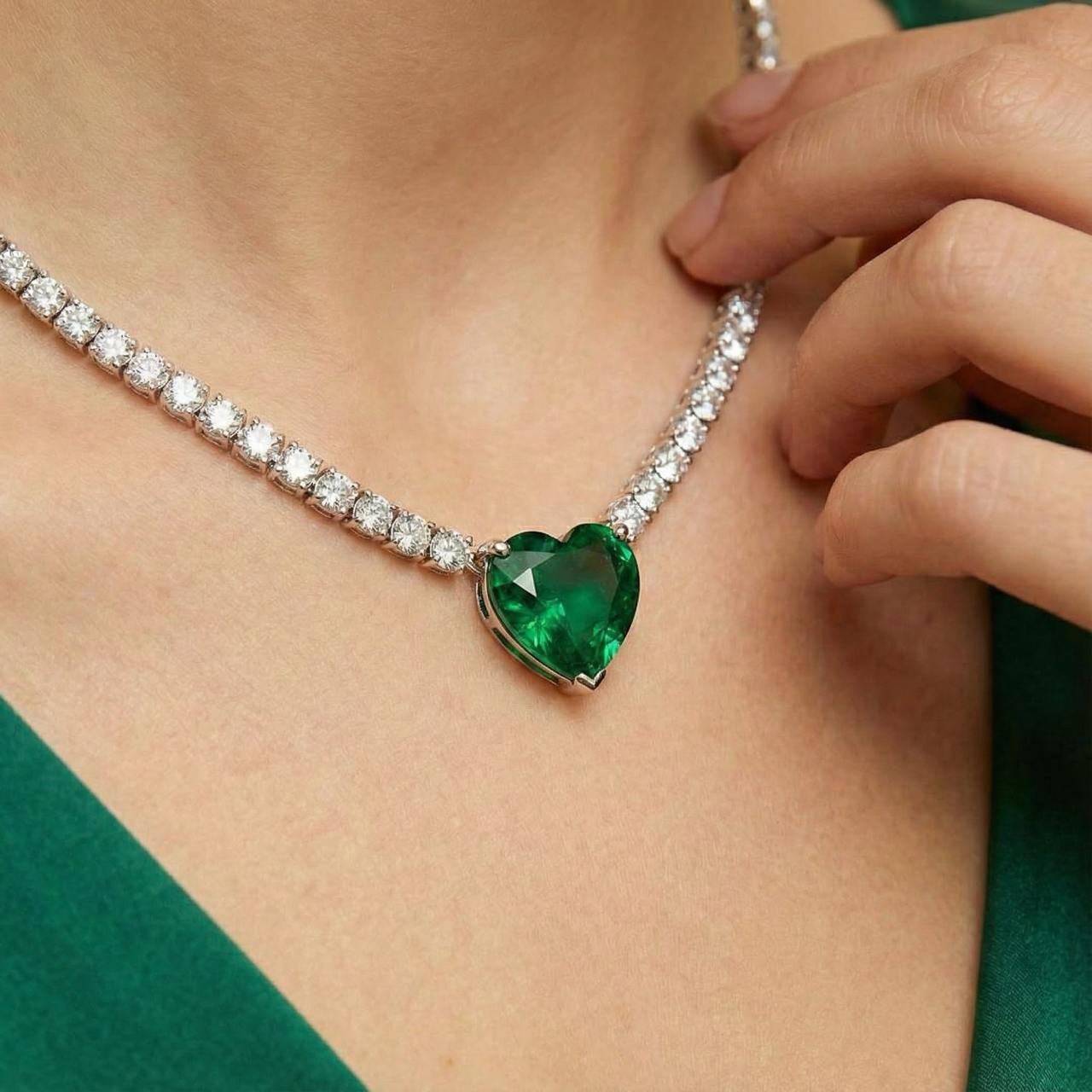Omnia Heart Green Necklace 92.5 Silver In High Quality Simulated diamonds