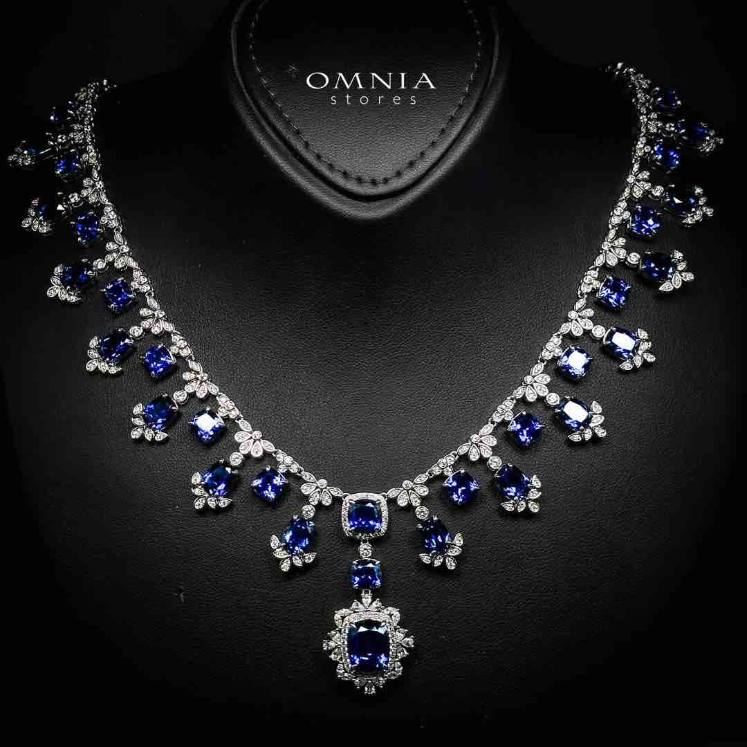 Omnia Alyah White and Blue Necklace With High Quality GRC Certified Sapphire Lab Grown Stones in 925 Silver