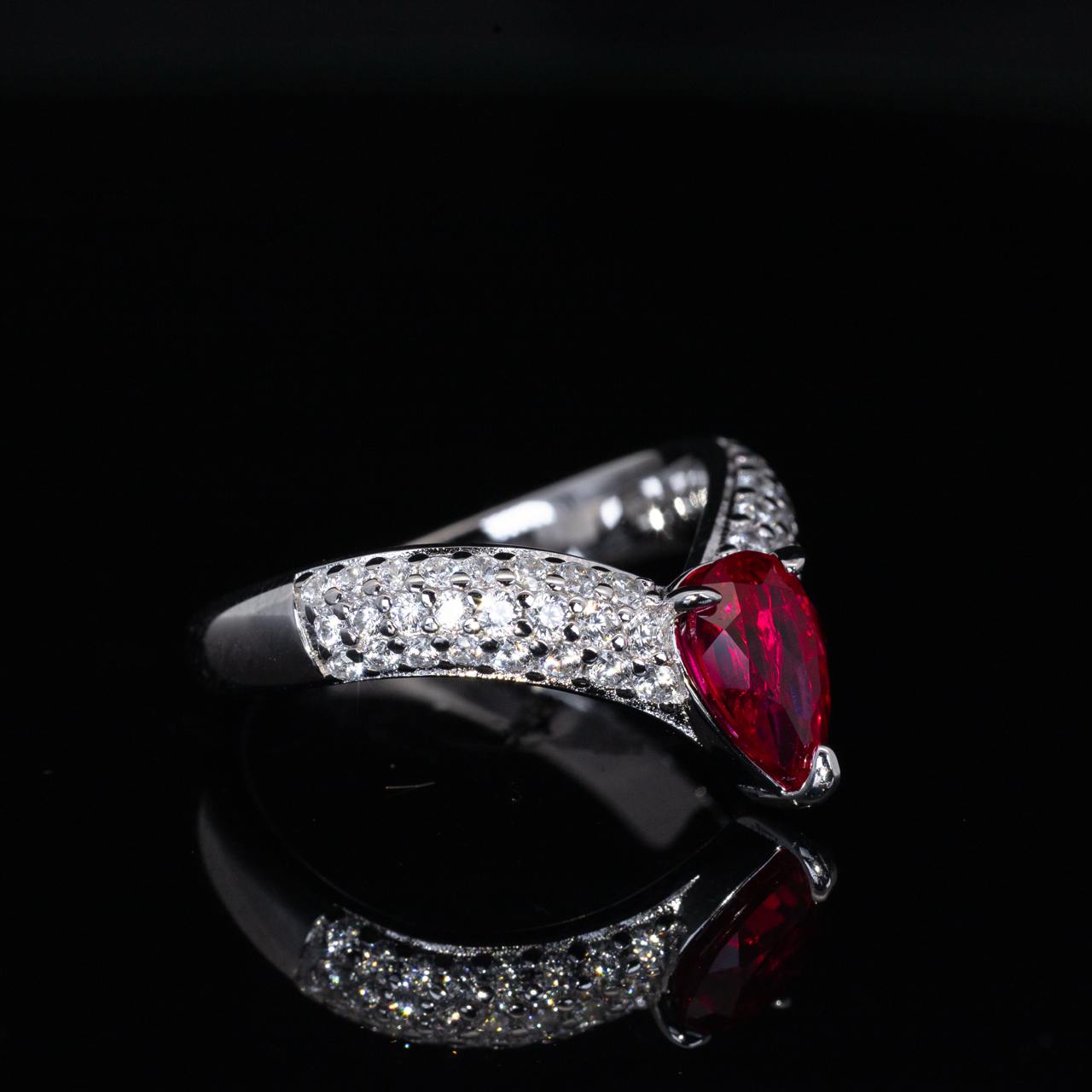 Omnia Aila Red Pear Cut Ring With High Quality Certified Lab Crafted Stones In 925 Silver