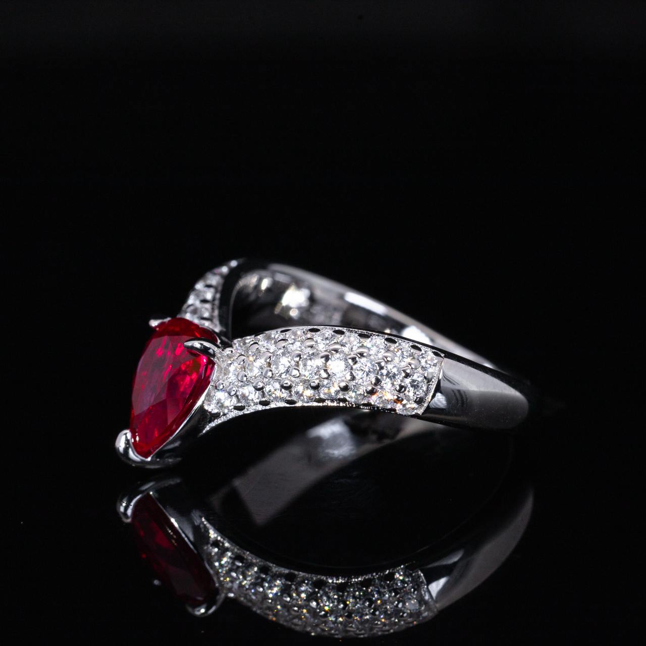 Omnia Aila Red Pear Cut Ring With High Quality Certified Lab Crafted Stones In 925 Silver