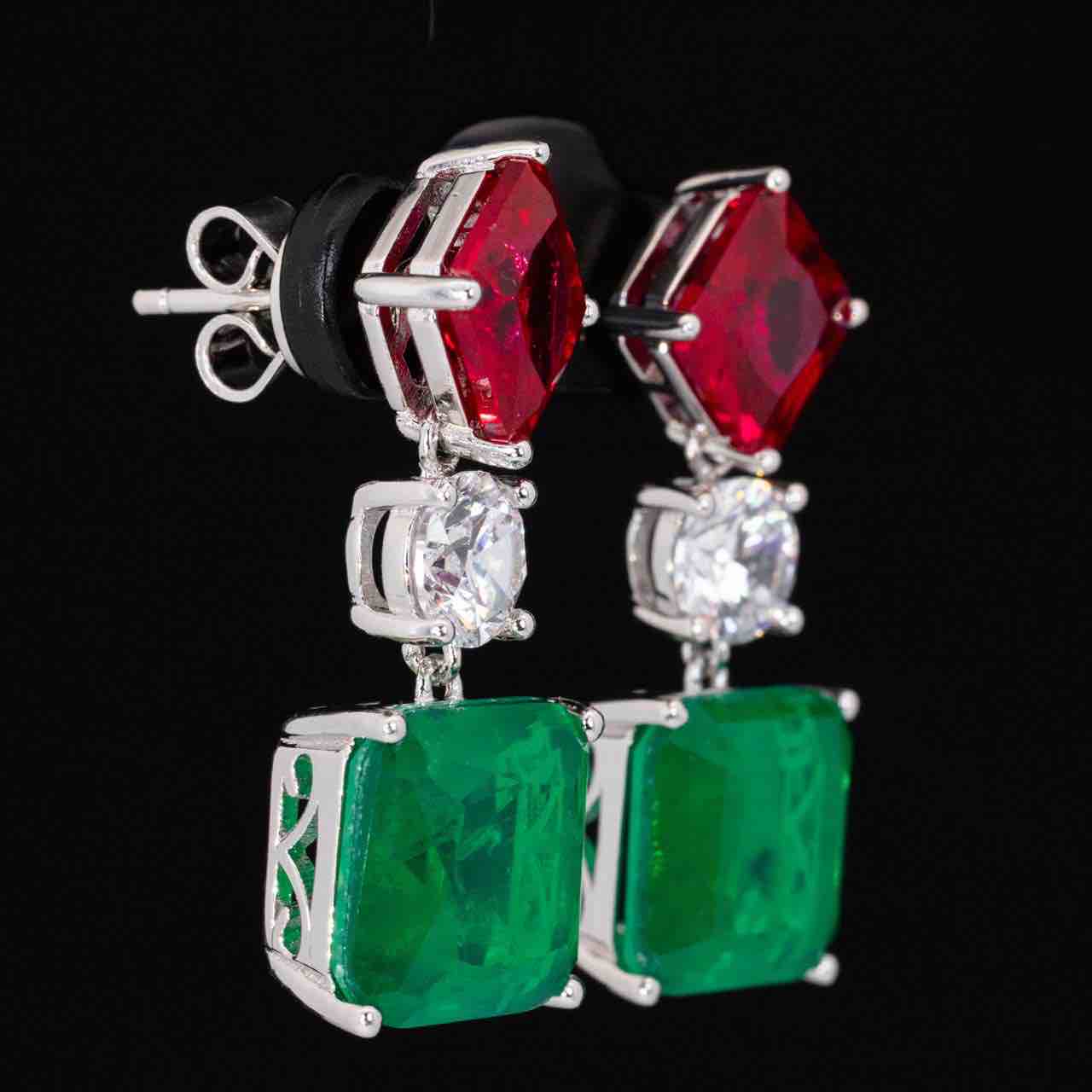 Omnia Salwa Red and Green Drop Earrings With High Quality Simulated Diamonds In 925 Silver
