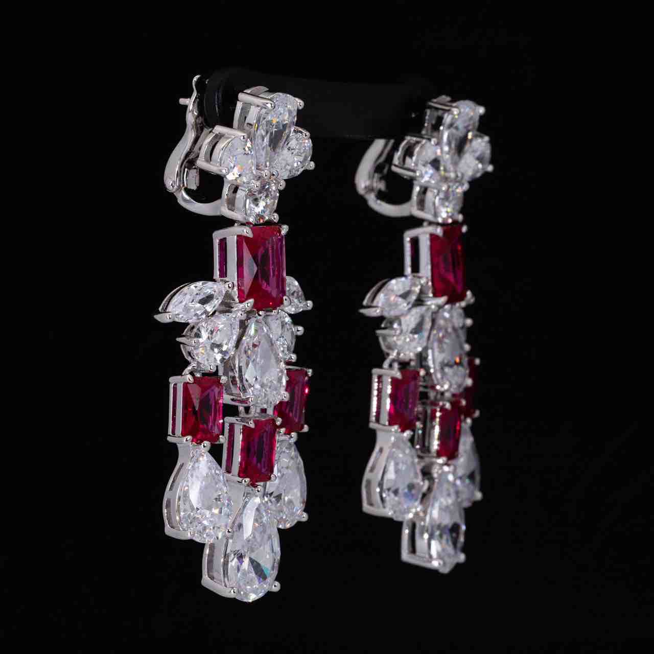 Omnia Ranim White and Red Floral Drop Earrings With High Quality Simulated Diamonds In 925 Silver