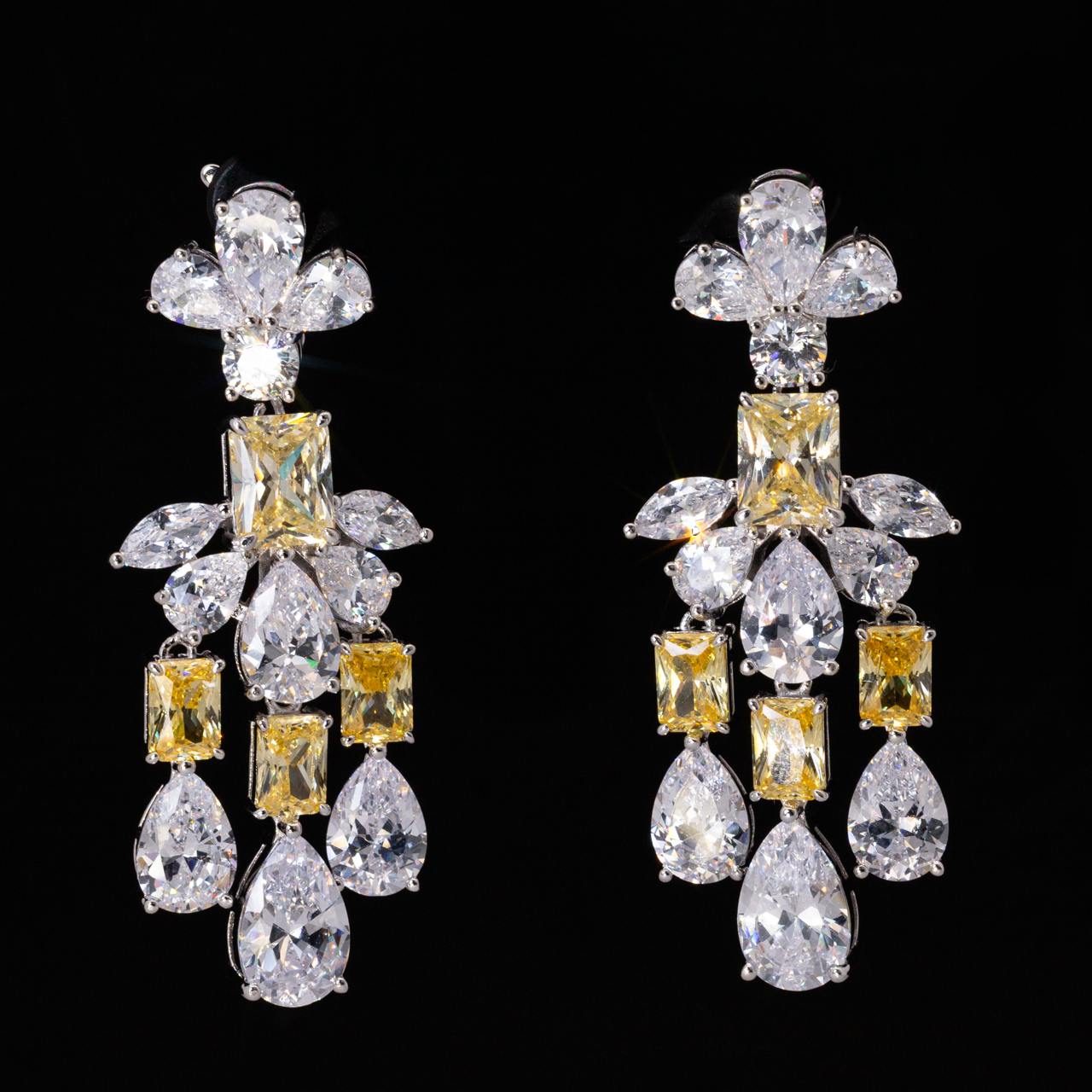 Omnia Ranim White and Yellow Floral Drop Earrings With High Quality Simulated Diamonds In 925 Silver