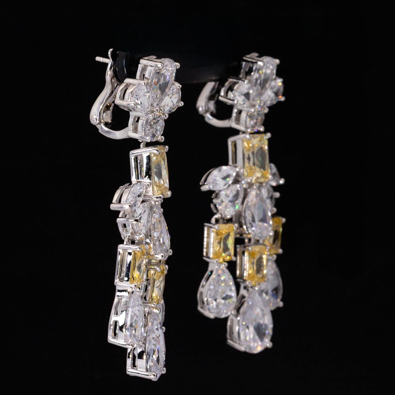 Omnia Ranim White and Yellow Floral Drop Earrings With High Quality Simulated Diamonds In 925 Silver