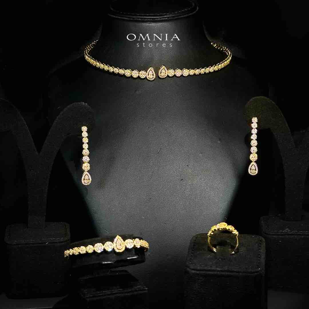 Omnia Mila Luxury Golden Choker Bridal Full Set in High Quality Zircon Stone Rhodium Plated