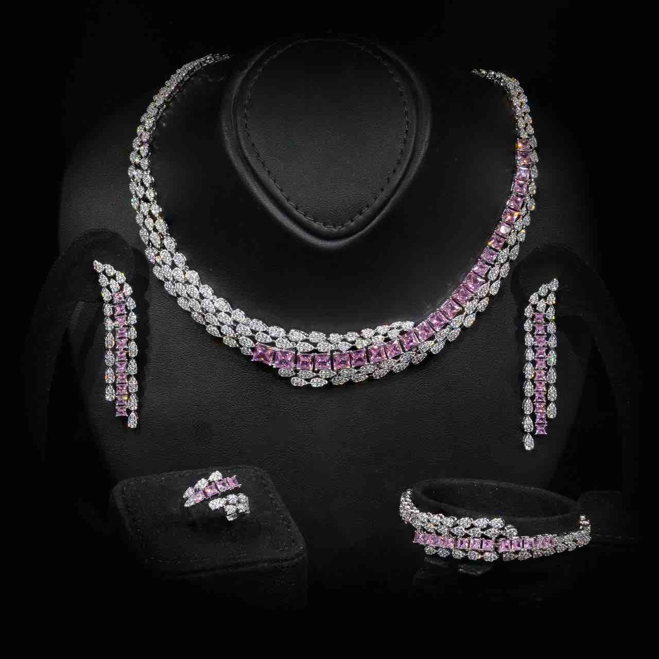 Omnia Trinity Pink Luxury Bridal Full Set in High Quality Zircon Stone in Rhodium Plated