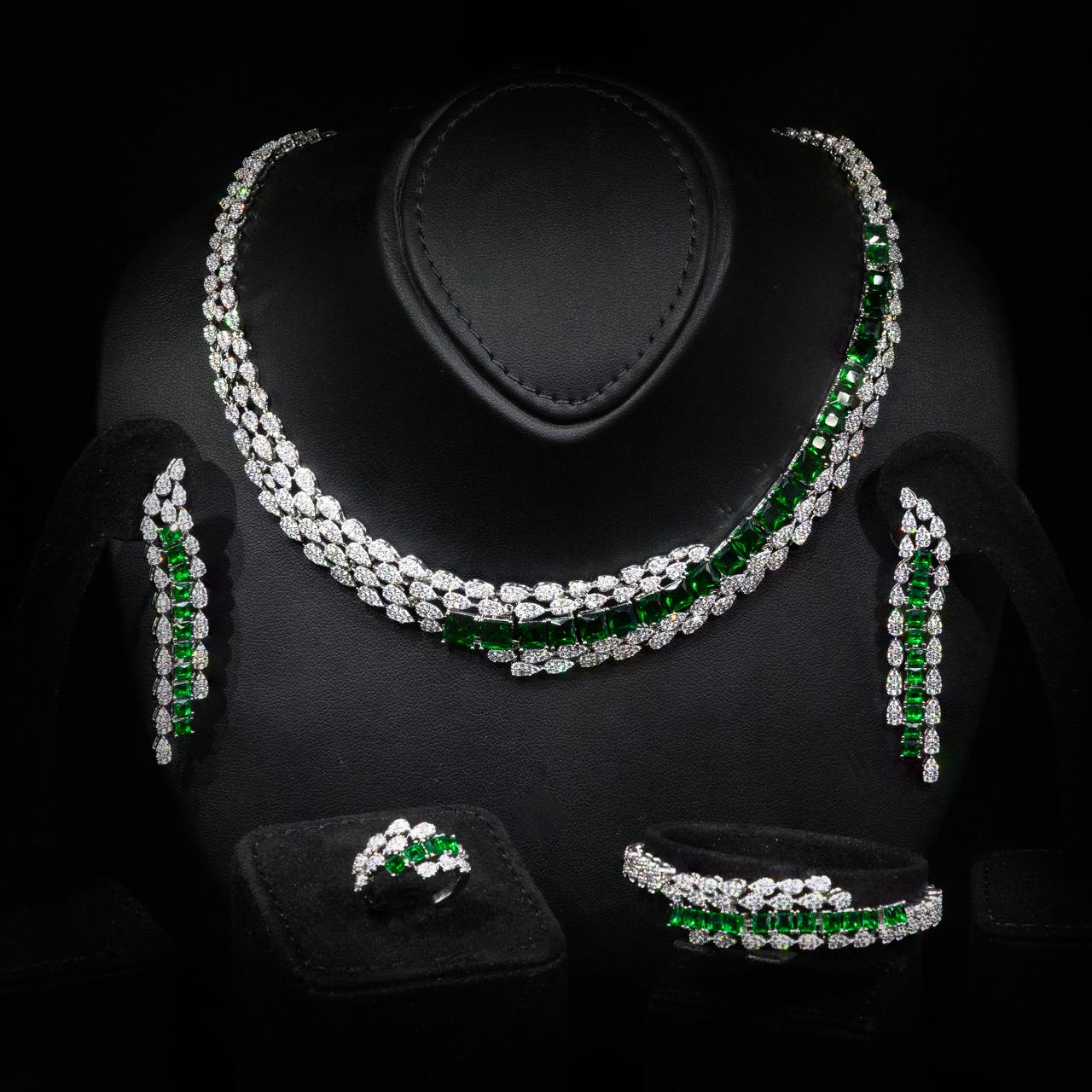 Omnia Trinity Green Luxury Bridal Full Set in High Quality Zircon Stone in Rhodium Plated